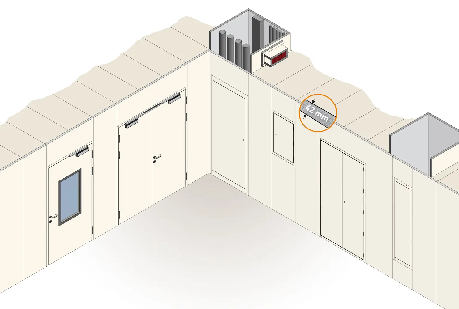 System 42 Brandschutz-Baukastensystem mit Wandsystem, Feuerschutztüren und Revisionsabschlüssen für die technische Gebäudeausrüstung